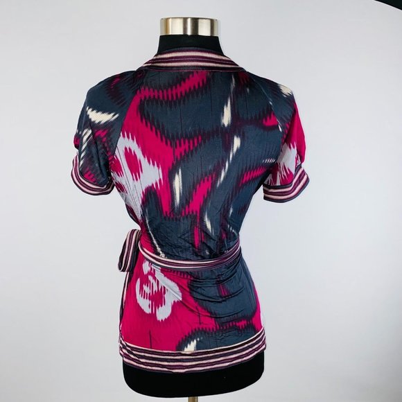 BCBG Maxazria Women's Small  S Pink Black Taupe Gray Abstract Faux Wrap Top - Picture 6 of 8